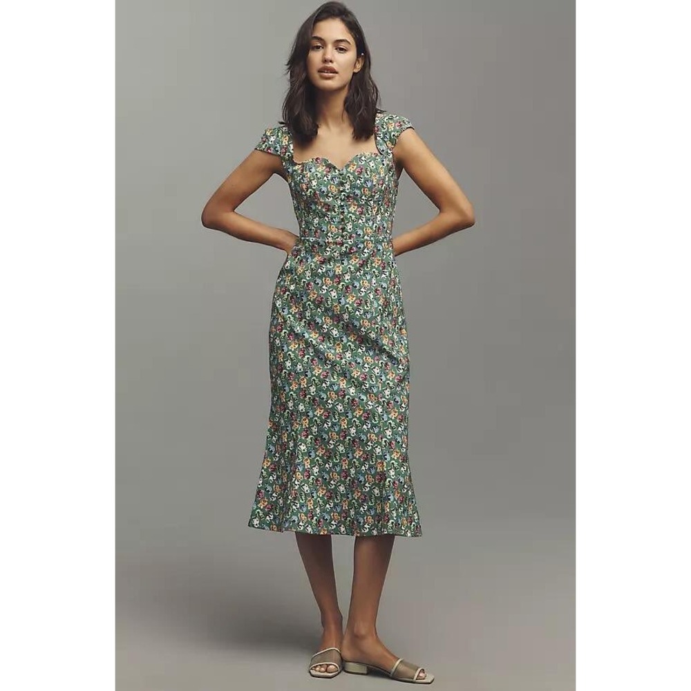 NWT Maeve Anthropologie Cecily Midi Dress‎ XS Green Pomegranate Floral Fruit